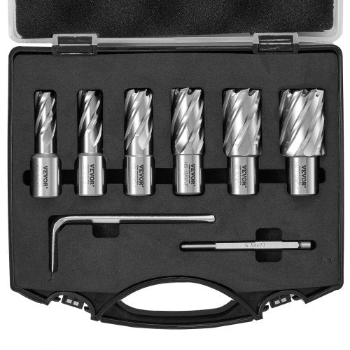 Annular Cutter Set, 6 pcs Weldon Shank Mag Drill Bits, 2.5 cm Cutting Depth, 1.27 to 1-2.7 cm Cutting Diameter, M2AL High-Speed Steel, with Pilot Pin and Portable Case, for Using with Magnetic Drills