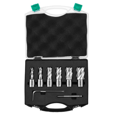 Annular Cutter Set, 6 pcs Weldon Shank Mag Drill Bits, 2.5 cm Cutting Depth, 1.27 to 1-2.7 cm Cutting Diameter, M2AL High-Speed Steel, with Pilot Pin and Portable Case, for Using with Magnetic Drills