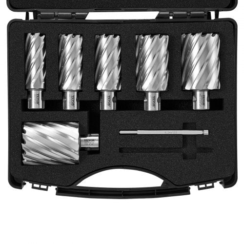 Annular Cutter Set, 6 pcs Universal Shank Mag Drill Bits, 5.1 cm Cutting Depth, 2.5 to 5.1 cm Cutting Diameter, M2AL High-Speed Steel, with 2 Pilot Pins and Portable Case, for Using with Magnetic Drills