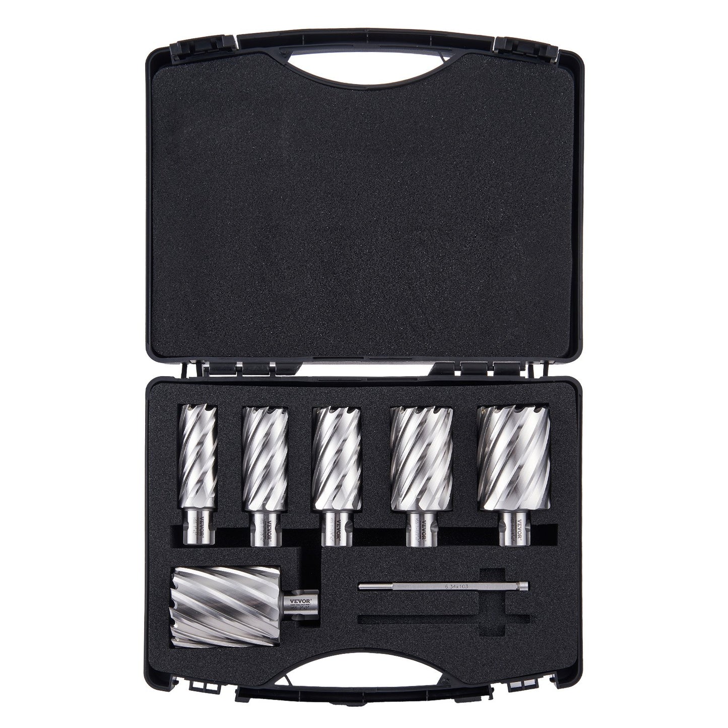 Annular Cutter Set, 6 pcs Universal Shank Mag Drill Bits, 5.1 cm Cutting Depth, 2.5 to 5.1 cm Cutting Diameter, M2AL High-Speed Steel, with 2 Pilot Pins and Portable Case, for Using with Magnetic Drills