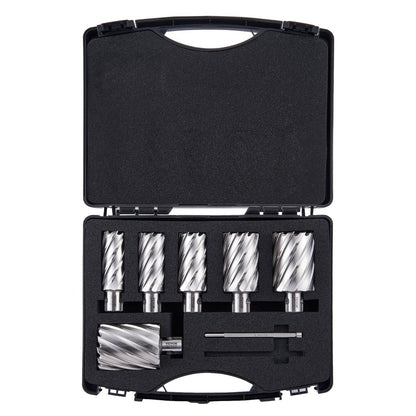 Annular Cutter Set, 6 pcs Universal Shank Mag Drill Bits, 5.1 cm Cutting Depth, 2.5 to 5.1 cm Cutting Diameter, M2AL High-Speed Steel, with 2 Pilot Pins and Portable Case, for Using with Magnetic Drills