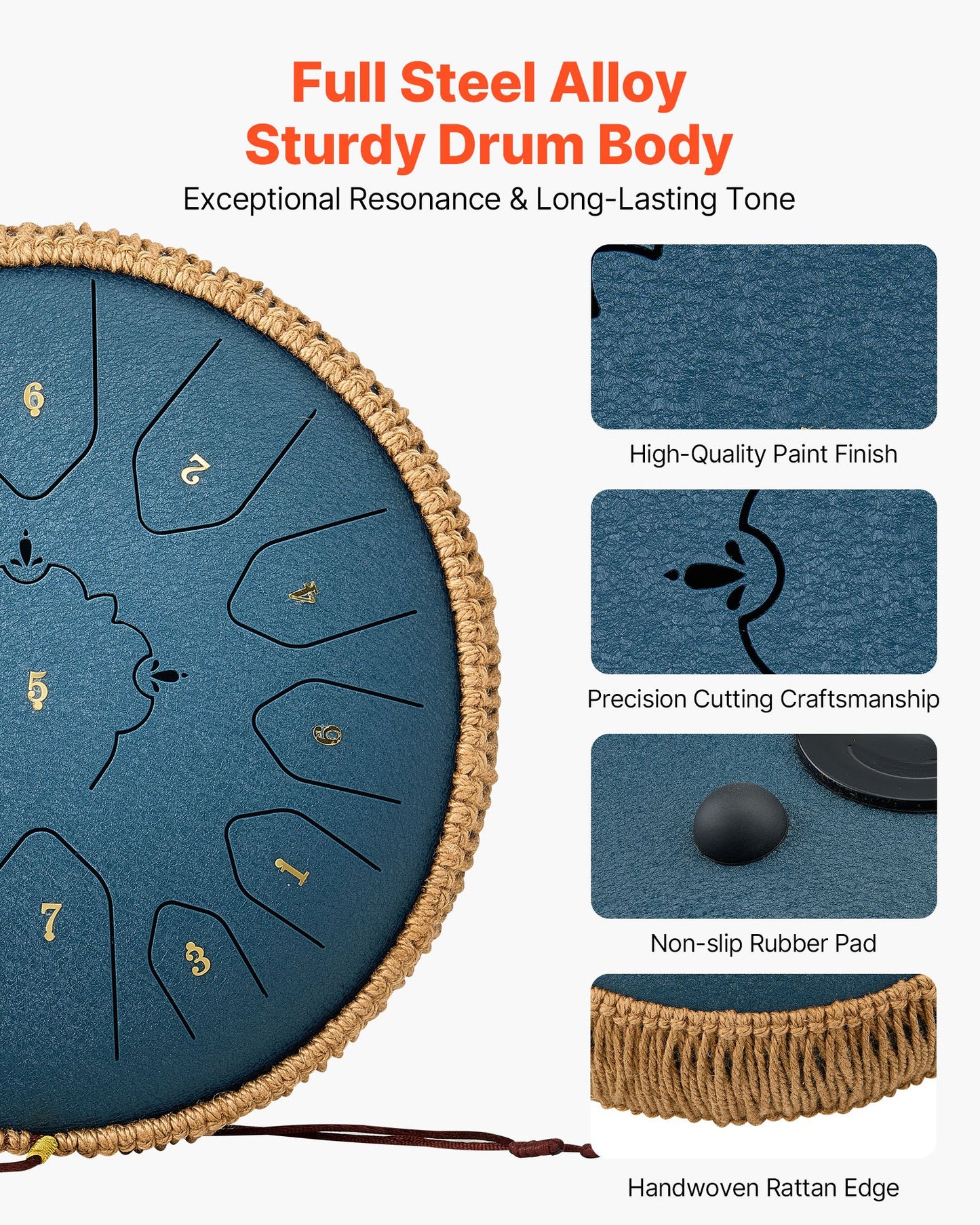 Steel Tongue Drum, 30.5cm 13 Notes Rain Drum for Outside Garden, C Major Musical Drums with Music Book & Mallets, Percussion Instrument for Meditation Yoga Beginner Musical Education, Navy Blue