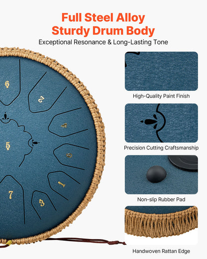 Steel Tongue Drum, 30.5cm 13 Notes Rain Drum for Outside Garden, C Major Musical Drums with Music Book & Mallets, Percussion Instrument for Meditation Yoga Beginner Musical Education, Navy Blue
