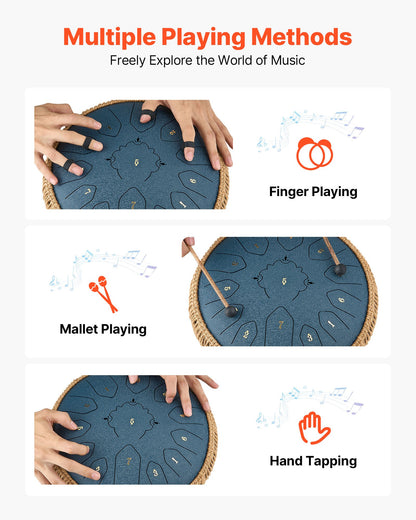 Steel Tongue Drum, 30.5cm 13 Notes Rain Drum for Outside Garden, C Major Musical Drums with Music Book & Mallets, Percussion Instrument for Meditation Yoga Beginner Musical Education, Navy Blue