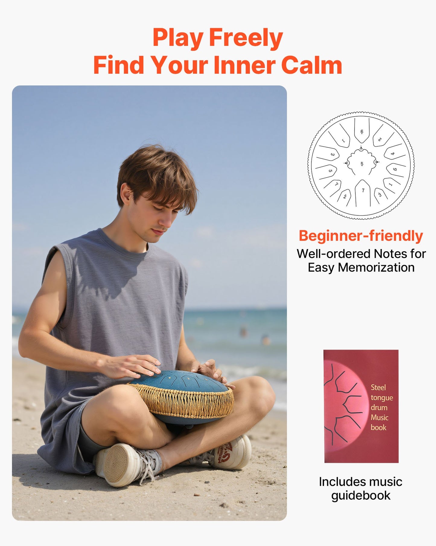 Steel Tongue Drum, 30.5cm 13 Notes Rain Drum for Outside Garden, C Major Musical Drums with Music Book & Mallets, Percussion Instrument for Meditation Yoga Beginner Musical Education, Navy Blue