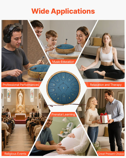 Steel Tongue Drum, 30.5cm 13 Notes Rain Drum for Outside Garden, C Major Musical Drums with Music Book & Mallets, Percussion Instrument for Meditation Yoga Beginner Musical Education, Navy Blue