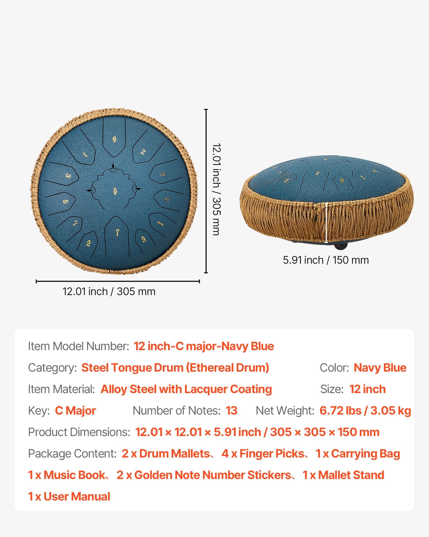 Steel Tongue Drum, 30.5cm 13 Notes Rain Drum for Outside Garden, C Major Musical Drums with Music Book & Mallets, Percussion Instrument for Meditation Yoga Beginner Musical Education, Navy Blue