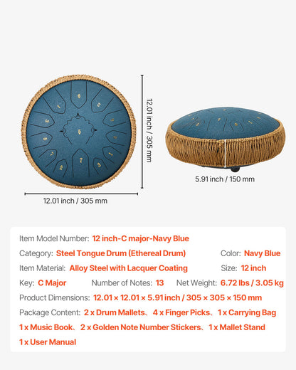 Steel Tongue Drum, 30.5cm 13 Notes Rain Drum for Outside Garden, C Major Musical Drums with Music Book & Mallets, Percussion Instrument for Meditation Yoga Beginner Musical Education, Navy Blue