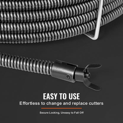 Rohrreinigungsspirale, 30,5 m x 19 mm, massiver Stahlkern, mit 4 Schneidwerkzeugen für Rohre von 9,9 cm bis 200,9 cm Durchmesser, professionelle Rohrreinigungsspirale mit Innenkern für Waschbecken, Bodenabläufe und Toiletten.