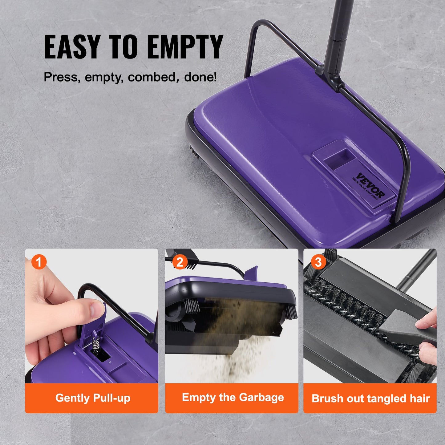 Carpet Sweeper Manual, Floor Sweeper with 300 ml Dustbin Capacity Easy to Empty, 17 cm inch Cleaning Width for Home Office Carpets Pet Hair Dust, Purple