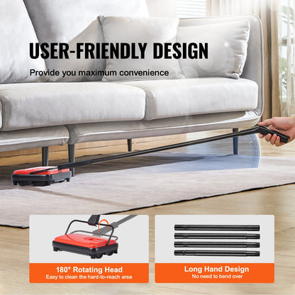 Manueller Teppichkehrer, Bodenkehrer mit 300 ml Staubbehälter, leicht zu entleeren, 17 cm Reinigungsbreite für Teppiche in Büro und Zuhause, entfernt Tierhaare und Staub, Rot