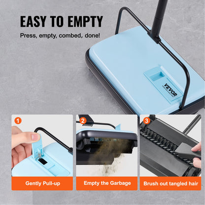 Manueller Teppichkehrer, Bodenkehrer mit 300 ml Staubbehälter, leicht zu entleeren, 17 cm Reinigungsbreite für Teppiche in Büro und Zuhause, entfernt Tierhaare und Staub, Blau