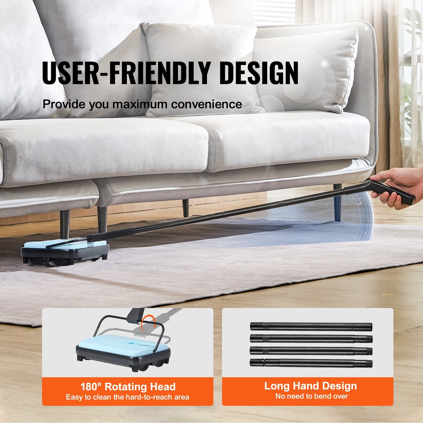 Manueller Teppichkehrer, Bodenkehrer mit 300 ml Staubbehälter, leicht zu entleeren, 17 cm Reinigungsbreite für Teppiche in Büro und Zuhause, entfernt Tierhaare und Staub, Blau