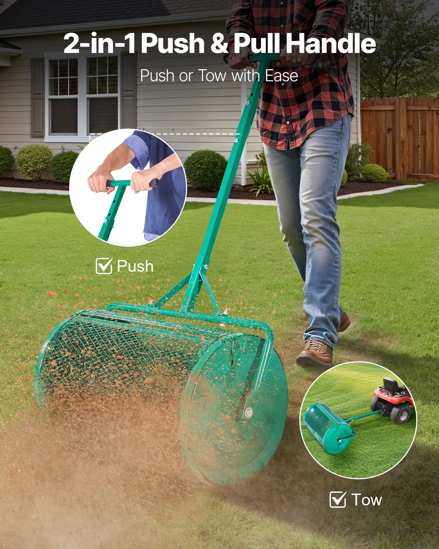 Kompoststreuer, 61 cm breiter Torfstreuer mit Schiebe-/Ziehgriff, 4-fach höhenverstellbar, pulverbeschichtete Stahl-Gartentorfwalze, robuster Rasensamenstreuer zum Pflanzen und Aussäen