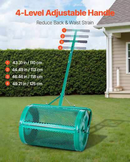 Kompoststreuer, 61 cm breiter Torfstreuer mit Schiebe-/Ziehgriff, 4-fach höhenverstellbar, pulverbeschichtete Stahl-Gartentorfwalze, robuster Rasensamenstreuer zum Pflanzen und Aussäen