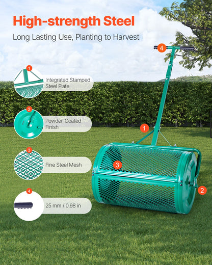 Kompoststreuer, 61 cm breiter Torfstreuer mit Schiebe-/Ziehgriff, 4-fach höhenverstellbar, pulverbeschichtete Stahl-Gartentorfwalze, robuster Rasensamenstreuer zum Pflanzen und Aussäen
