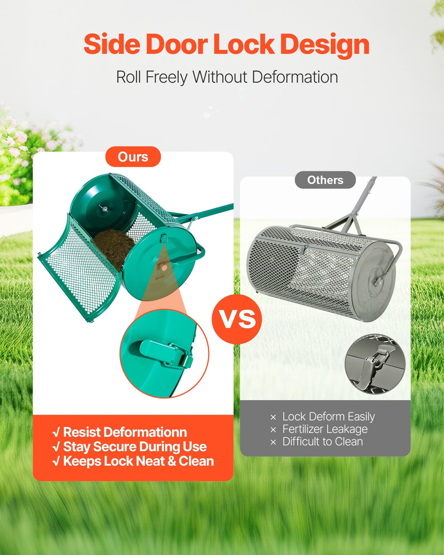 Kompoststreuer, 61 cm breiter Torfstreuer mit Schiebe-/Ziehgriff, 4-fach höhenverstellbar, pulverbeschichtete Stahl-Gartentorfwalze, robuster Rasensamenstreuer zum Pflanzen und Aussäen