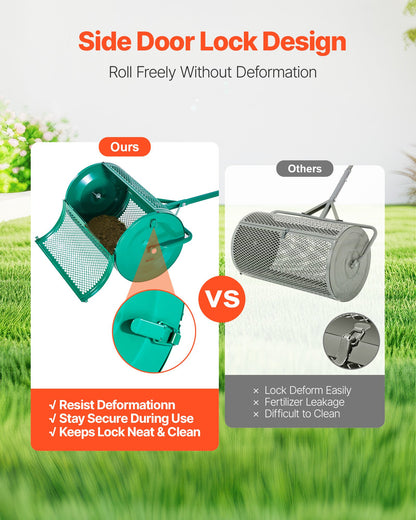 Kompoststreuer, 61 cm breiter Torfstreuer mit Schiebe-/Ziehgriff, 4-fach höhenverstellbar, pulverbeschichtete Stahl-Gartentorfwalze, robuster Rasensamenstreuer zum Pflanzen und Aussäen