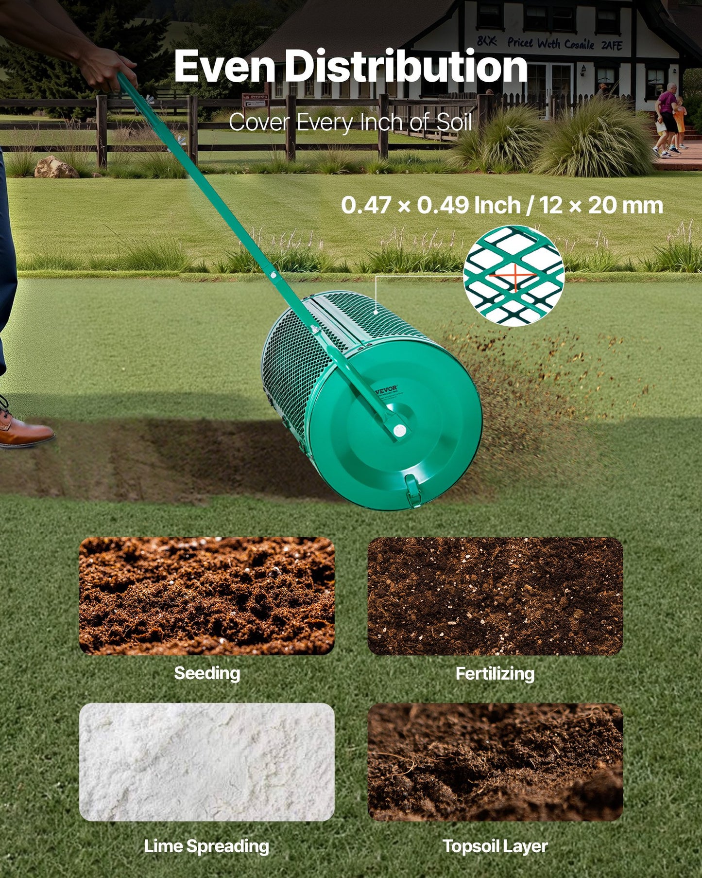 Kompoststreuer, 61 cm breiter Torfstreuer mit Schiebe-/Ziehgriff, 4-fach höhenverstellbar, pulverbeschichtete Stahl-Gartentorfwalze, robuster Rasensamenstreuer zum Pflanzen und Aussäen