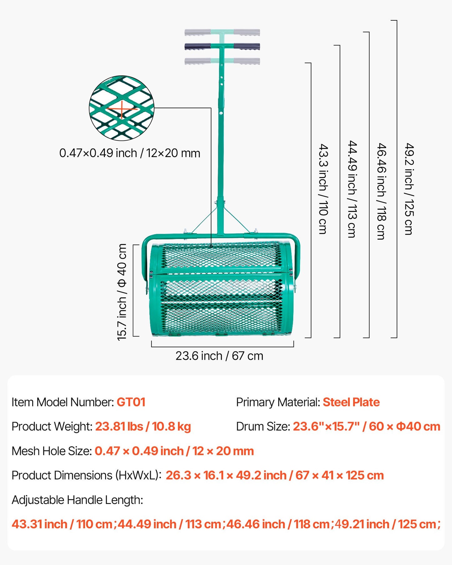 Kompoststreuer, 61 cm breiter Torfstreuer mit Schiebe-/Ziehgriff, 4-fach höhenverstellbar, pulverbeschichtete Stahl-Gartentorfwalze, robuster Rasensamenstreuer zum Pflanzen und Aussäen