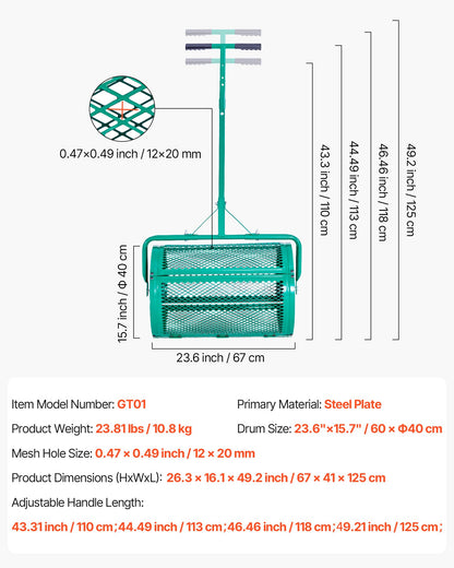 Kompoststreuer, 61 cm breiter Torfstreuer mit Schiebe-/Ziehgriff, 4-fach höhenverstellbar, pulverbeschichtete Stahl-Gartentorfwalze, robuster Rasensamenstreuer zum Pflanzen und Aussäen
