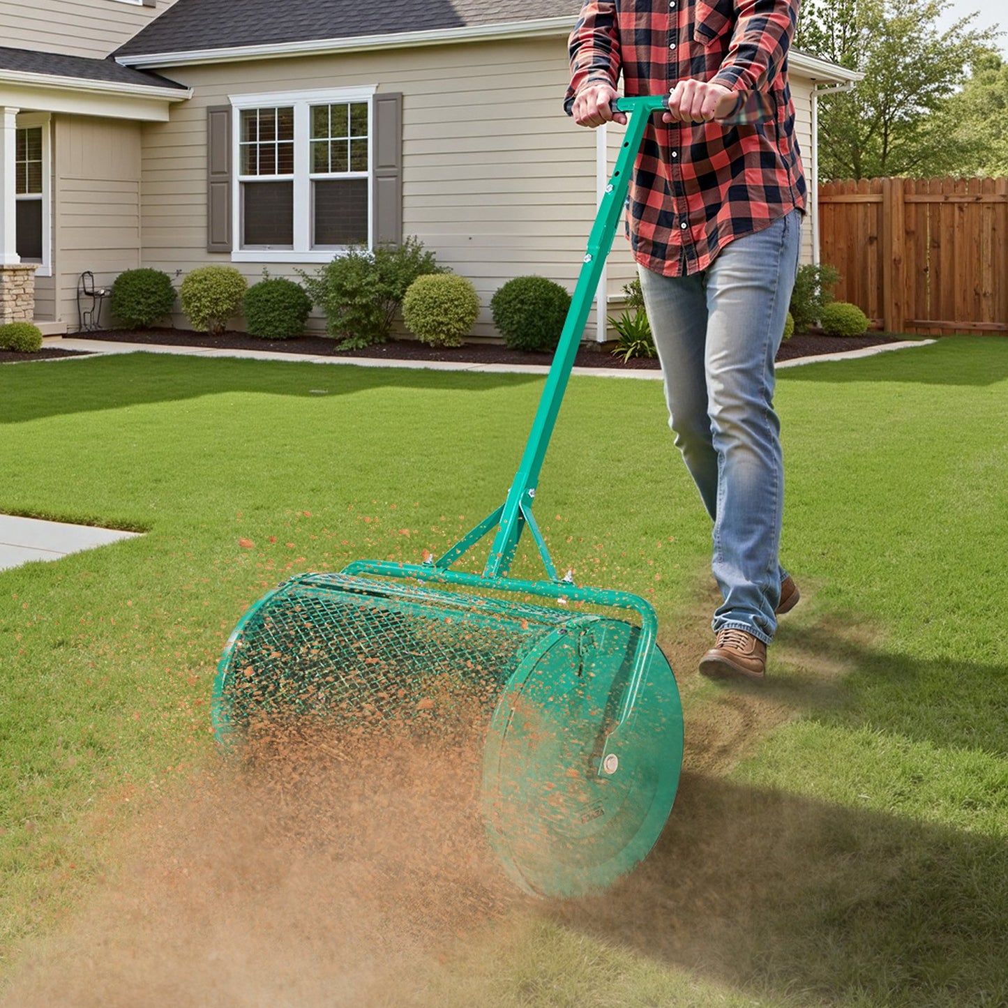 Kompoststreuer, 61 cm breiter Torfstreuer mit Schiebe-/Ziehgriff, 4-fach höhenverstellbar, pulverbeschichtete Stahl-Gartentorfwalze, robuster Rasensamenstreuer zum Pflanzen und Aussäen