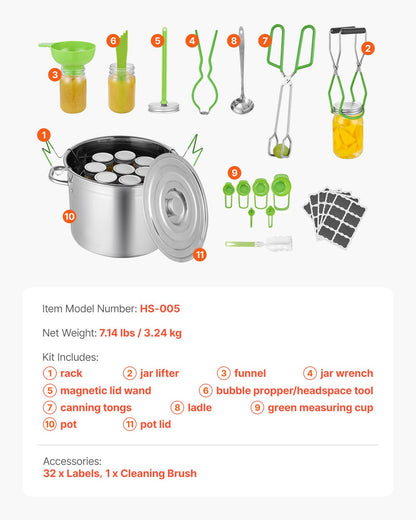 Einmach-Starterset, 11-teiliges Edelstahl-Einmachset für Wasserbad-Einsteiger, Einmachwerkzeug-Set: Topf, Einsatz, Deckel, Schöpfkelle, Trichter, Zange, Glasheber, Schraubenschlüssel, Messbecher