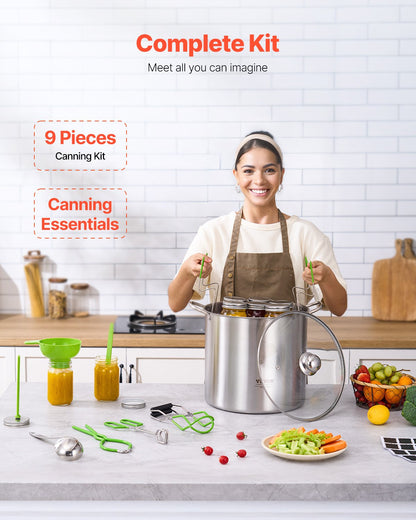 Einmach-Starterset, 9-teiliges Edelstahl-Einmachset für Anfänger, Einmachwerkzeug-Set: Topf, Einsatz, Deckel, Trichter, Zange, Glasheber, Schraubenschlüssel, Magnetstab, Blasenstütze