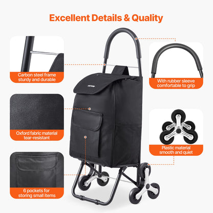 Stair Climber Trolley Dolly, 36L Folding Shopping Cart, Grocery Cart Trolley Laundry Stair Climbing Handcart with 6 Wheels & Oxford Cloth Bag, Foldable Cart for Shopping Grocery Laundry, Black