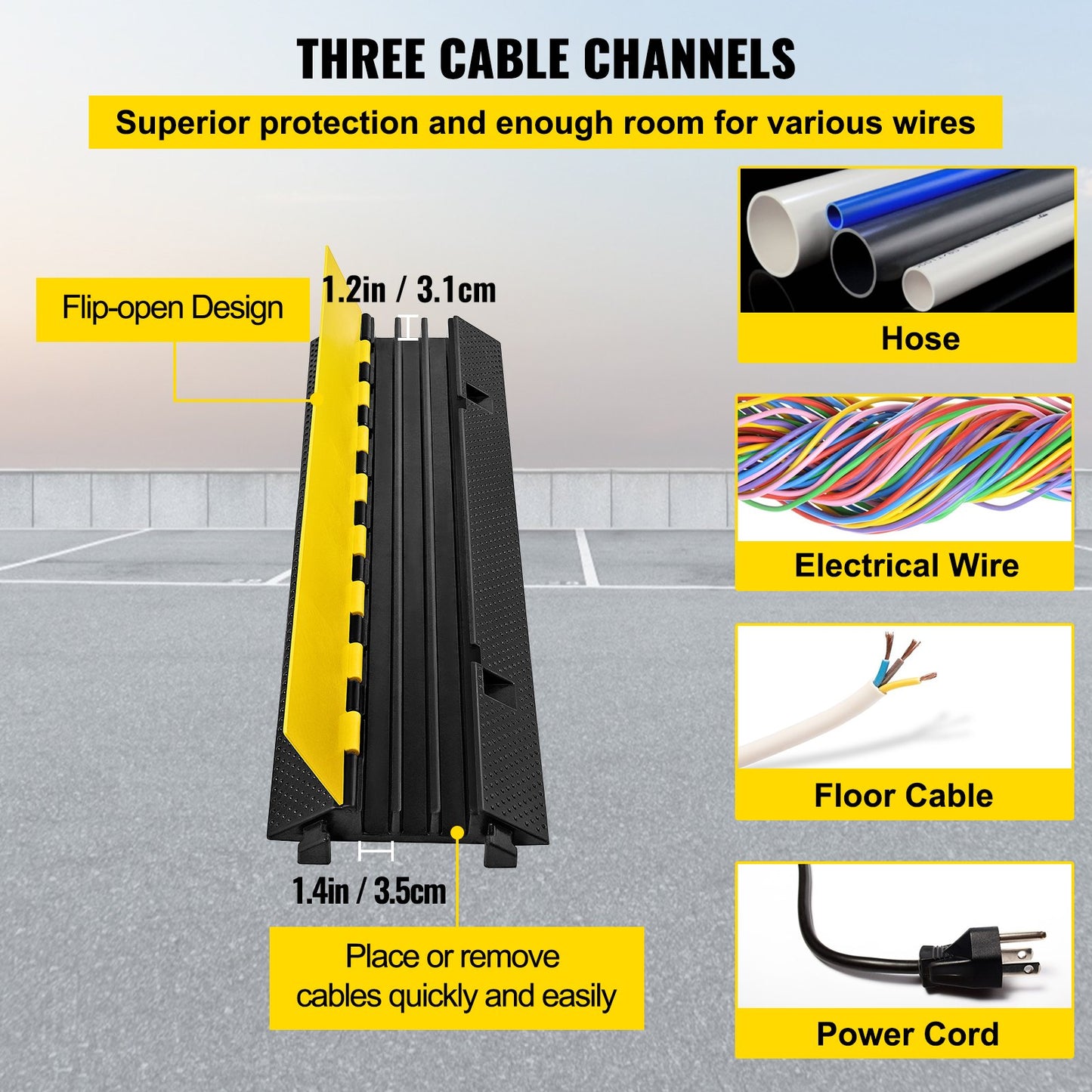 3 Channel Rubber Cable Protector Ramp 103x30x5.5 cm Heavy Duty Cable Wire Cord Cover Ramp Speed Bump Driveway Hose Cable Ramp Protector