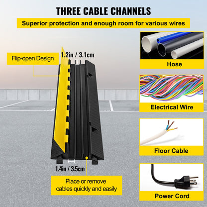 3 Channel Rubber Cable Protector Ramp 103x30x5.5 cm Heavy Duty Cable Wire Cord Cover Ramp Speed Bump Driveway Hose Cable Ramp Protector