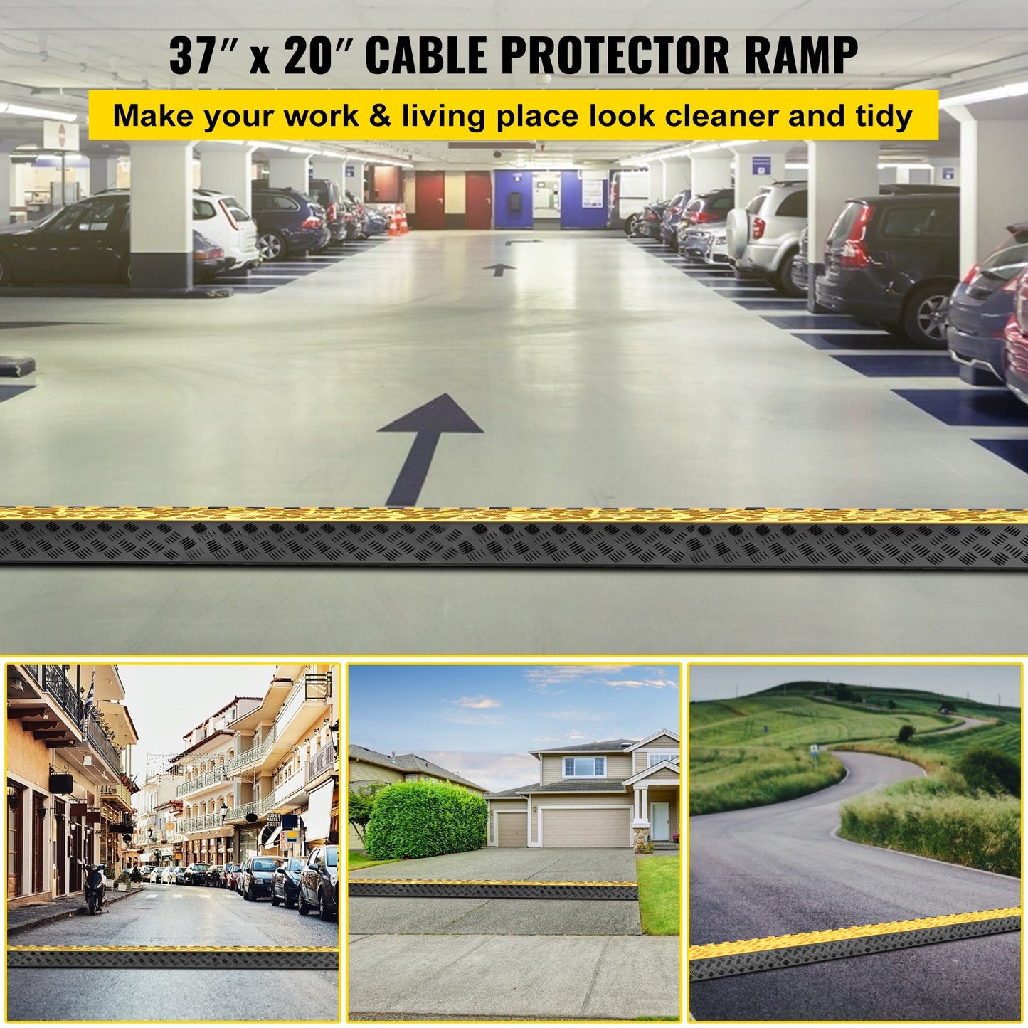 3 Channel Rubber Cable Protector Ramp 94.5x50x8 cm Heavy Duty Cable Wire Cord Cover Ramp Speed Bump Driveway Hose Cable Ramp Protective Cover