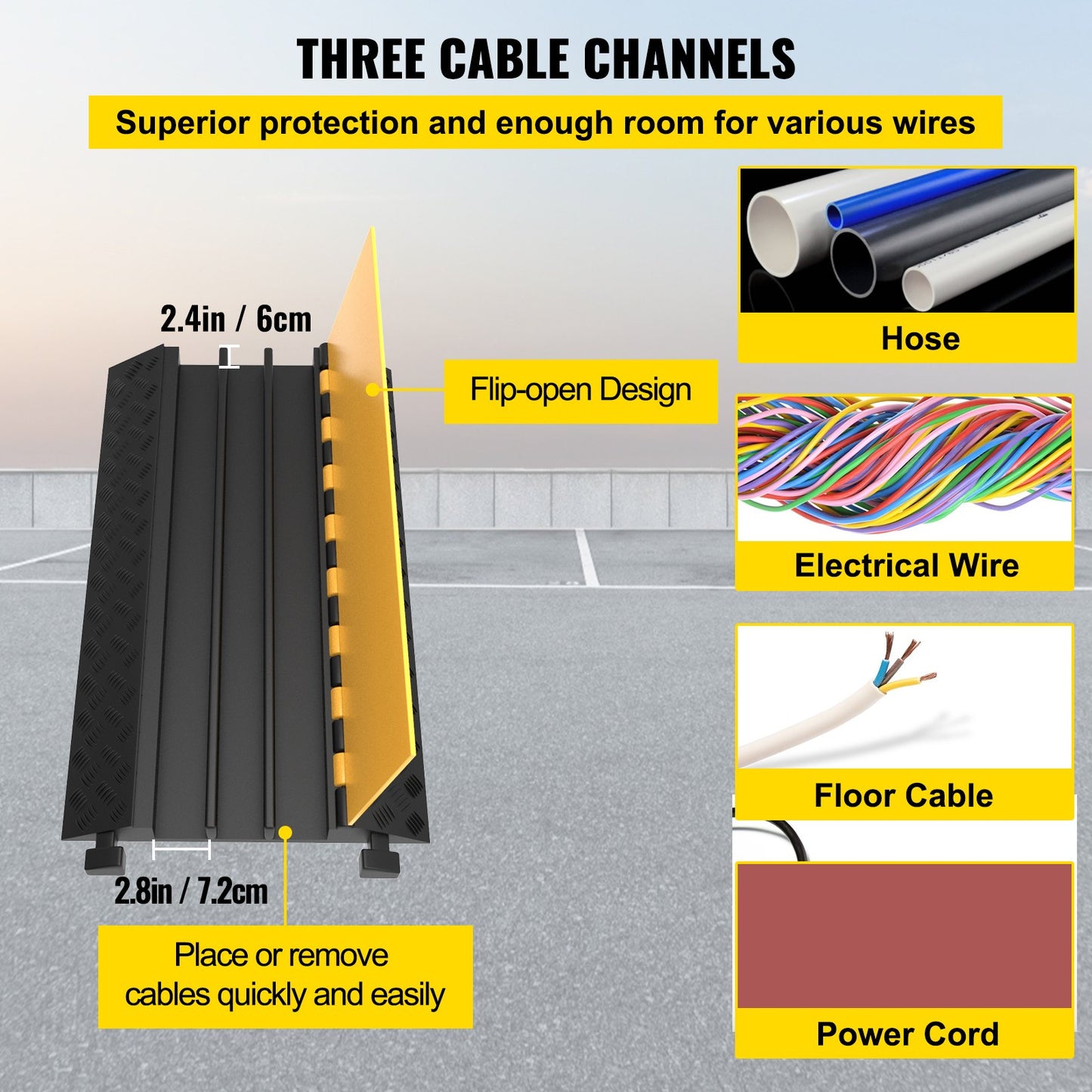 3 Channel Rubber Cable Protector Ramp 94.5x50x8 cm Heavy Duty Cable Wire Cord Cover Ramp Speed Bump Driveway Hose Cable Ramp Protective Cover