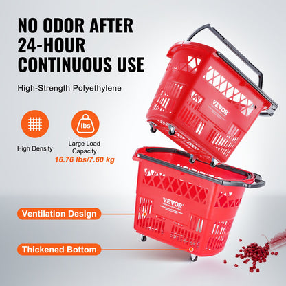 Shopping Baskets, 6PCS, 39L Shopping Carts with Handles, Plastic Rolling Shopping Basket with Wheels, Large Portable Shopping Basket Set for Supermarkets, Retail Stores, Grocery Shopping, Red