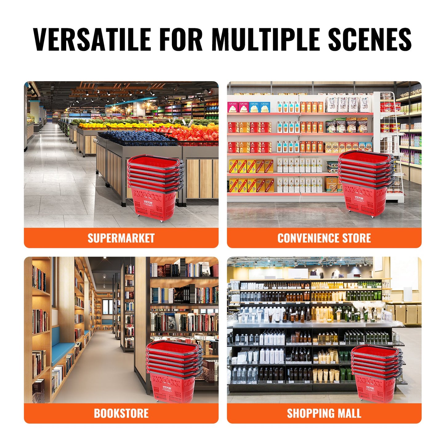 Shopping Baskets, 6PCS, 39L Shopping Carts with Handles, Plastic Rolling Shopping Basket with Wheels, Large Portable Shopping Basket Set for Supermarkets, Retail Stores, Grocery Shopping, Red