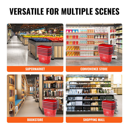 Shopping Baskets, 6PCS, 39L Shopping Carts with Handles, Plastic Rolling Shopping Basket with Wheels, Large Portable Shopping Basket Set for Supermarkets, Retail Stores, Grocery Shopping, Red