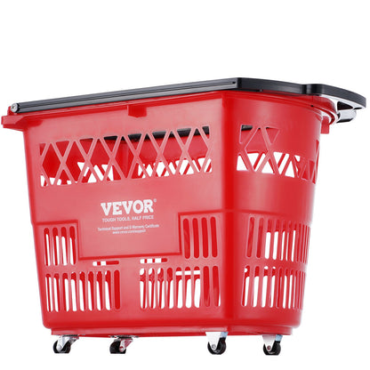 Shopping Baskets, 6PCS, 39L Shopping Carts with Handles, Plastic Rolling Shopping Basket with Wheels, Large Portable Shopping Basket Set for Supermarkets, Retail Stores, Grocery Shopping, Red