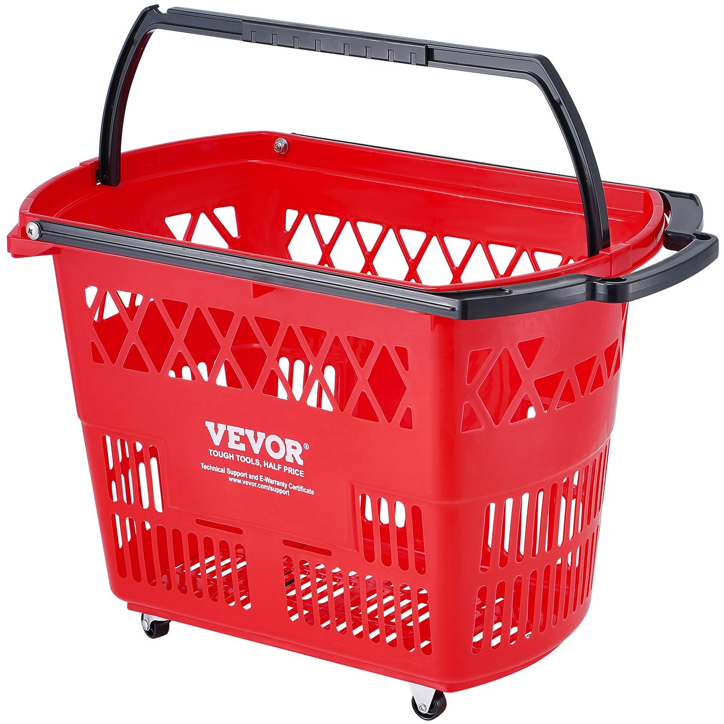 Shopping Baskets, 6PCS, 39L Shopping Carts with Handles, Plastic Rolling Shopping Basket with Wheels, Large Portable Shopping Basket Set for Supermarkets, Retail Stores, Grocery Shopping, Red