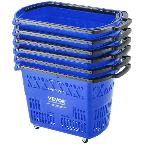 Shopping Baskets, 6PCS, 39L Shopping Carts with Handles, Plastic Rolling Shopping Basket with Wheels, Large Portable Shopping Basket Set for Supermarkets, Retail Stores, Grocery Shopping, Blue