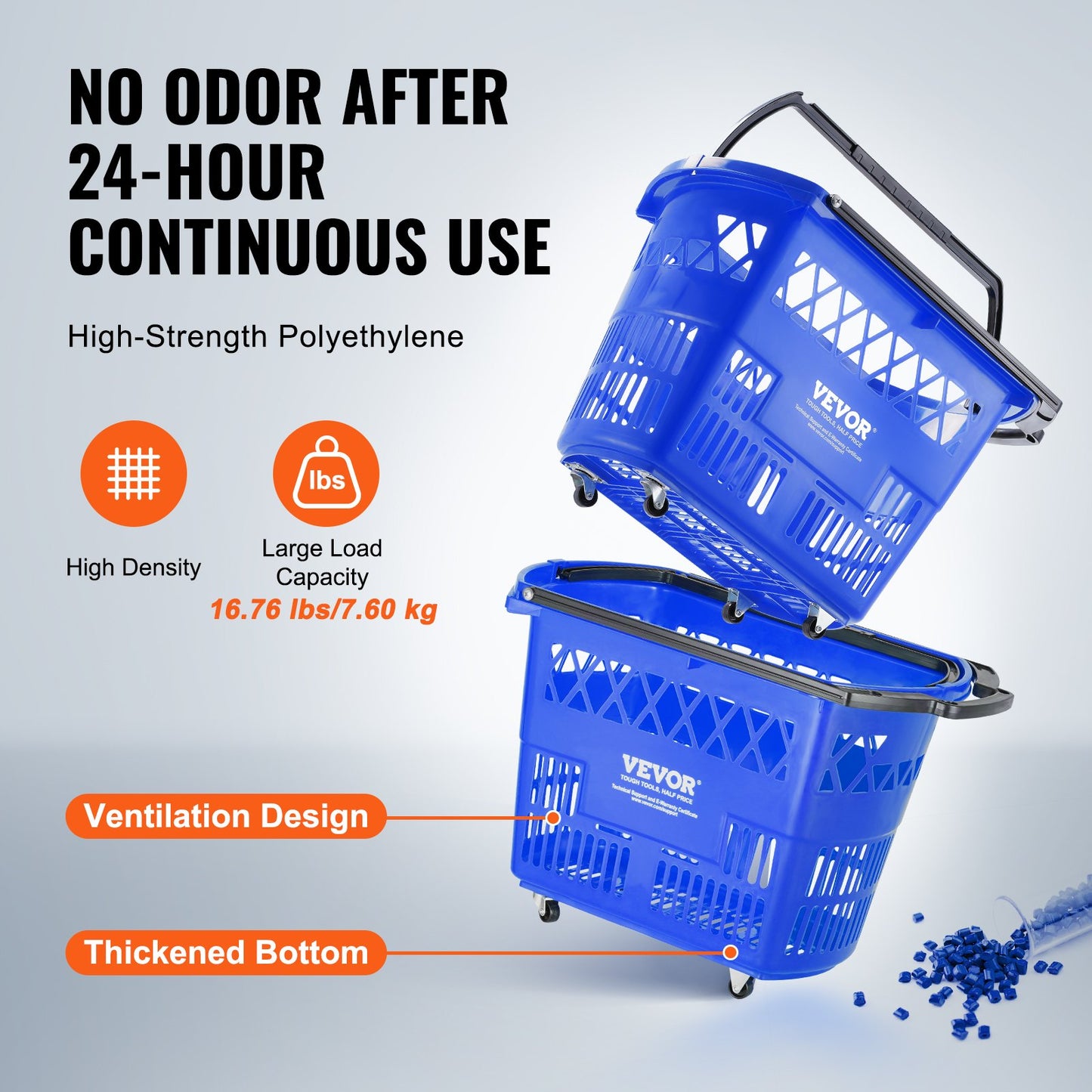 Shopping Baskets, 6PCS, 39L Shopping Carts with Handles, Plastic Rolling Shopping Basket with Wheels, Large Portable Shopping Basket Set for Supermarkets, Retail Stores, Grocery Shopping, Blue