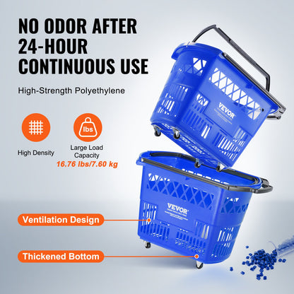 Shopping Baskets, 6PCS, 39L Shopping Carts with Handles, Plastic Rolling Shopping Basket with Wheels, Large Portable Shopping Basket Set for Supermarkets, Retail Stores, Grocery Shopping, Blue
