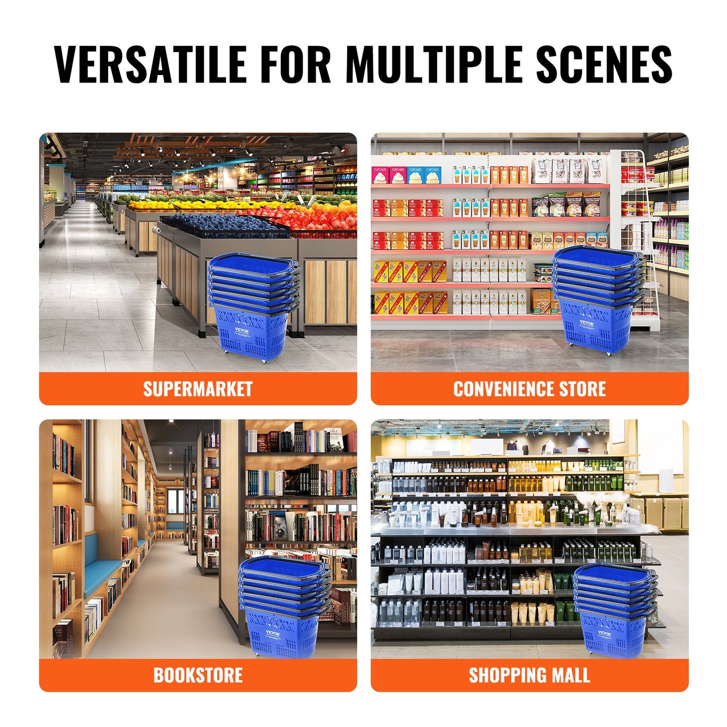 Shopping Baskets, 6PCS, 39L Shopping Carts with Handles, Plastic Rolling Shopping Basket with Wheels, Large Portable Shopping Basket Set for Supermarkets, Retail Stores, Grocery Shopping, Blue