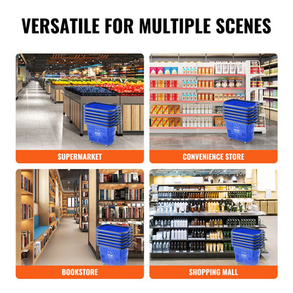 Shopping Baskets, 6PCS, 39L Shopping Carts with Handles, Plastic Rolling Shopping Basket with Wheels, Large Portable Shopping Basket Set for Supermarkets, Retail Stores, Grocery Shopping, Blue