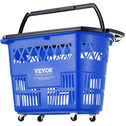 Shopping Baskets, 6PCS, 39L Shopping Carts with Handles, Plastic Rolling Shopping Basket with Wheels, Large Portable Shopping Basket Set for Supermarkets, Retail Stores, Grocery Shopping, Blue
