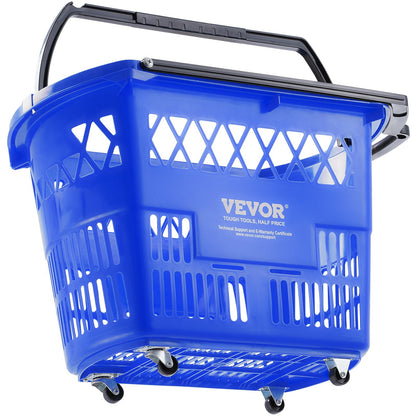 Shopping Baskets, 6PCS, 39L Shopping Carts with Handles, Plastic Rolling Shopping Basket with Wheels, Large Portable Shopping Basket Set for Supermarkets, Retail Stores, Grocery Shopping, Blue