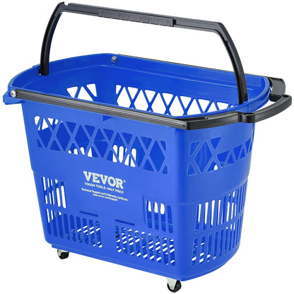 Shopping Baskets, 6PCS, 39L Shopping Carts with Handles, Plastic Rolling Shopping Basket with Wheels, Large Portable Shopping Basket Set for Supermarkets, Retail Stores, Grocery Shopping, Blue