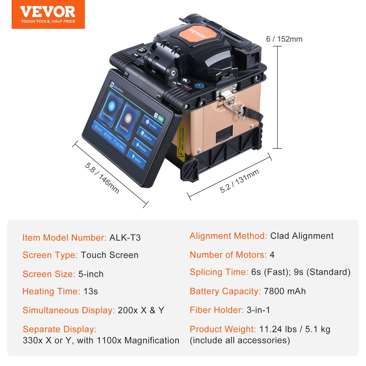 Fiber Fusion Splicer 4 Motors, Clad Alignment Fiber Optic Splicer 6s Splicing & 13s Heating, Fiber Splicer Machine with 5" Touch Screen, 3 in 1 Fiber Holder, 7800mAh Battery for SM MM DS NZDS