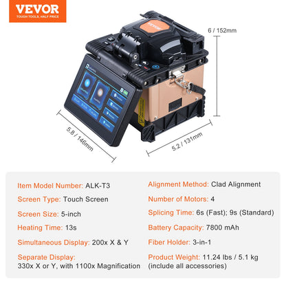 Fiber Fusion Splicer 4 Motors, Clad Alignment Fiber Optic Splicer 6s Splicing & 13s Heating, Fiber Splicer Machine with 5" Touch Screen, 3 in 1 Fiber Holder, 7800mAh Battery for SM MM DS NZDS