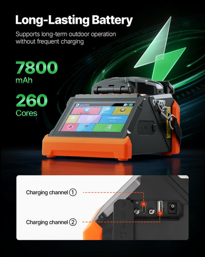 Fiber Fusion Splicer 6 Motors, Core & Clad Alignment Fibers Optic Splicer with 6s Fast Splicing and 13s Heating, 5" Touch Screen, 3 in 1 Fiber Holder, 7800mAh Battery for SM MM DS NZDS Fibers