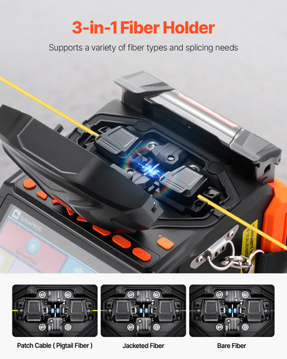 Fiber Fusion Splicer 6 Motors, Core & Clad Alignment Fibers Optic Splicer with 6s Fast Splicing and 13s Heating, 5" Touch Screen, 3 in 1 Fiber Holder, 7800mAh Battery for SM MM DS NZDS Fibers